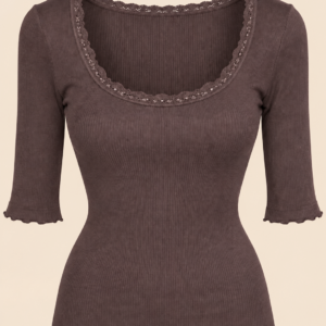 Haut femme Fraly taupe côtelé à dentelle