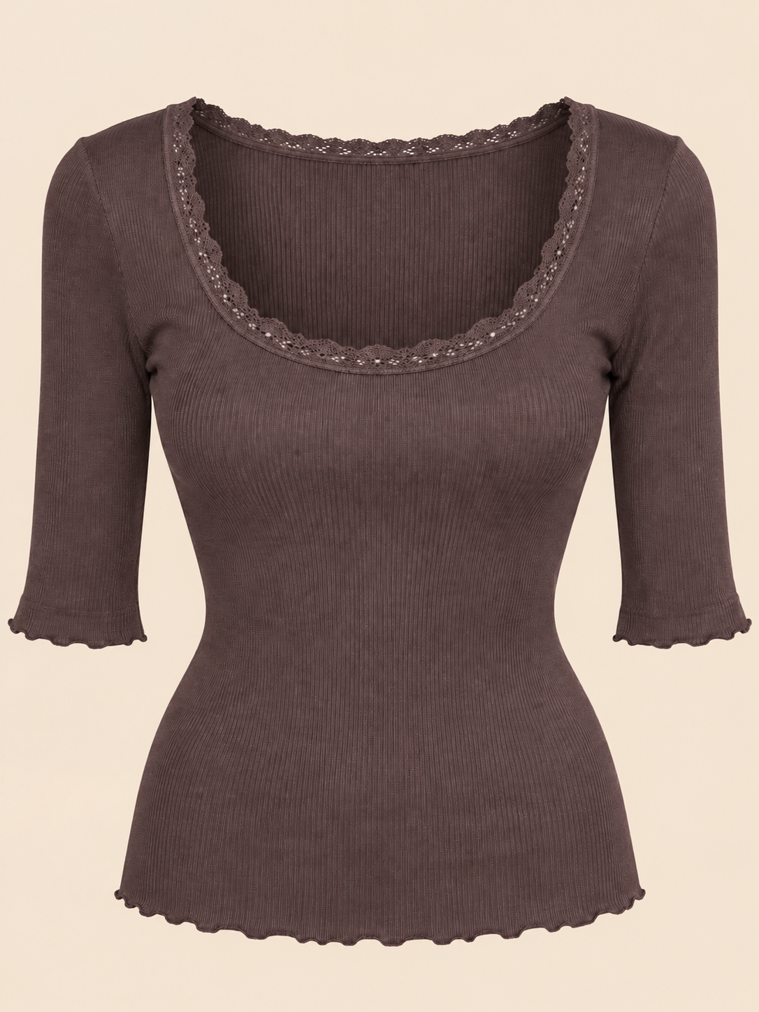 Haut femme Fraly taupe côtelé à dentelle